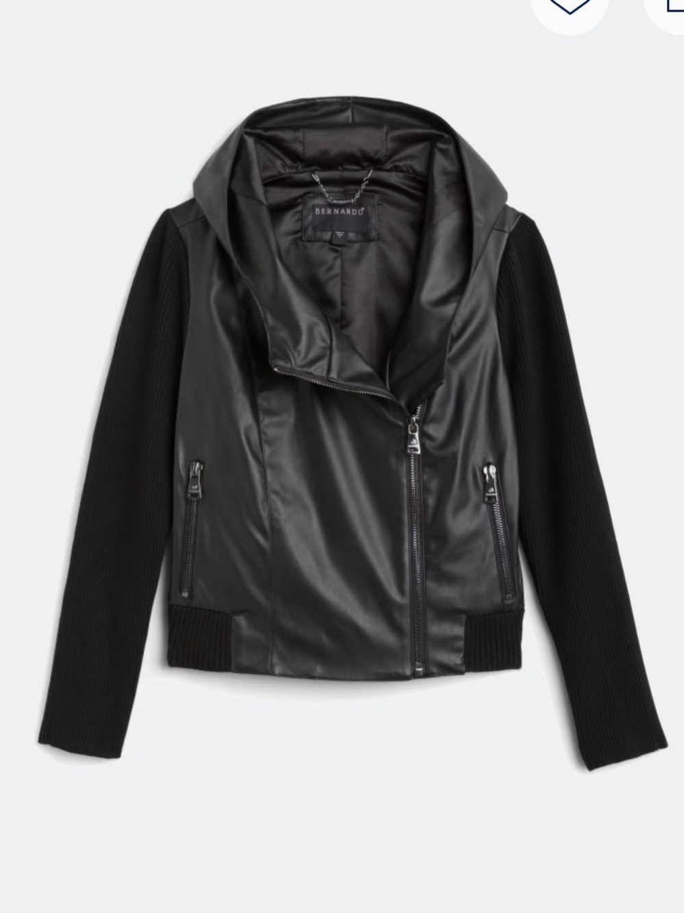 Bernardo Black Faux-Leather Hooded Moto Jacket with Knit Sleeves